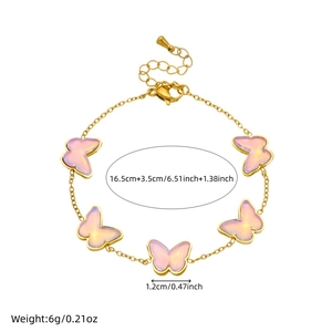 Gold stainless steel bracelet with five pink jelly butterfly charms and size info