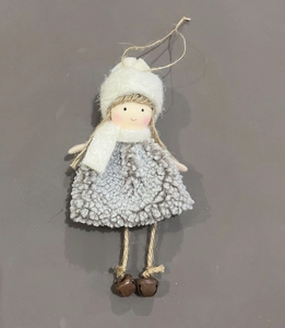 Detail of Christmas angel plush pendant with knitted grey dress and metal bells