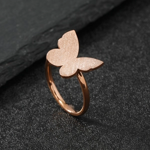 Frosted butterfly ring in rose gold finish with polished stainless steel band
