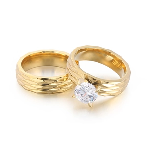 Golden titanium steel couple rings with geometric texture and zircon inlay