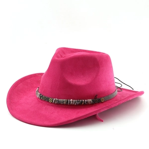 Detail of rose red suede cowboy hat with gear decoration and braided trim band