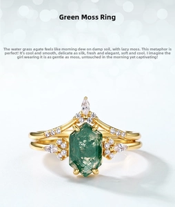 Close-up of hexagonal green moss agate ring set with sparkling zircon in gold finish