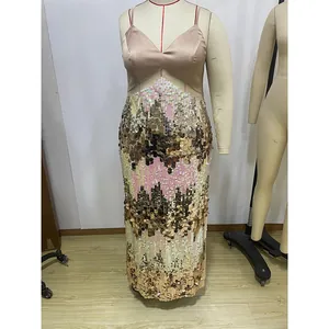 Detail of elegant champagne gold sequin patchwork on a plus-size evening gown dress
