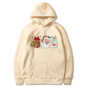 2025 Christmas hoodie in apricot with cute Santa and cookie cartoon prints on white background