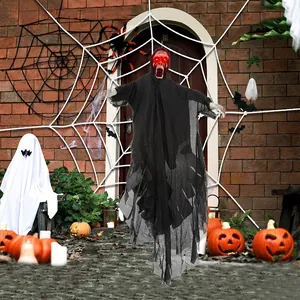 Hanging Halloween ghost decoration with glowing red eyes and long black shredded robes