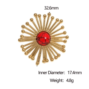 Detailed top view of 18k gold plated sunflower ring with red stone and dimensions