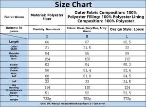 Detailed size chart for women padded cotton jacket with precise dimensions in centimeters