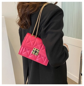 Close-up of fuchsia quilted handbag with gold chain strap on a black blazer