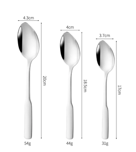Detailed size chart showing dimensions and weights of 304 stainless steel square spoons