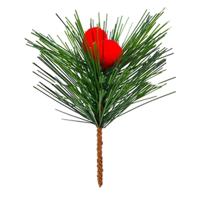 Artificial pine needles with red plush balls for DIY Christmas tree decoration and crafts