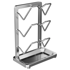 Three-tier stainless steel kitchen lid and board rack with a drainage tray, silver finish