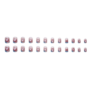 Short round French fake nails with red blue gradient heart design and silver glitter accents