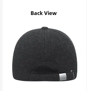 Back view of men's winter wool baseball cap showing metal buckle and fabric texture