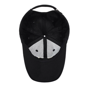 Internal structure of black baseball cap showing reinforced seams and adjustable metal buckle