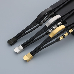 Multi-layer woven leather bracelet for men with stainless steel beads and engraving plate