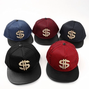 Flat brim baseball caps with rhinestone dollar symbol in five assorted colors display