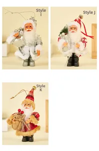 Three styles of plush Santa Claus figurines in silver, red knit, and plaid winter designs