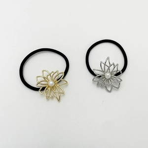 Hollow Flower Hair Tie With Faux Artificial Pearl Alloy Metal Elastic Hair Band For Women Fashion Daily Hair Accessories