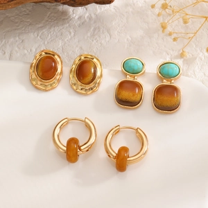 Retro Bernstein Tigerauge Ohrringe Set mit Gold-Finish und Vintage Türkis Steckern