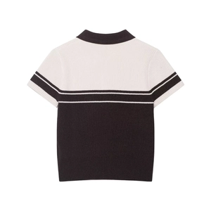 Retro ribbed knit short sleeve polo shirt with brown and white stripe pattern