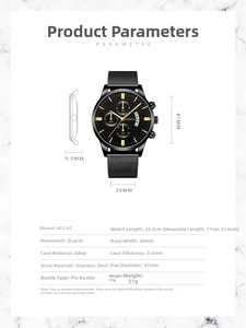 Detailed dimension guide for the Geneva quartz watch featuring a black stainless steel mesh band