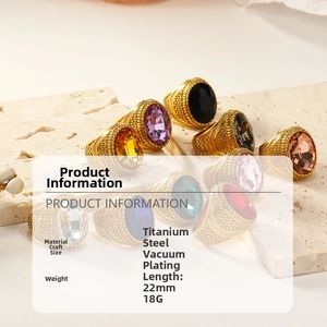 Detail of oval gemstone rings in gold-plated titanium steel with relief texture