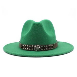 Detail of bright green wool fedora featuring brown leather band with silver metal studs