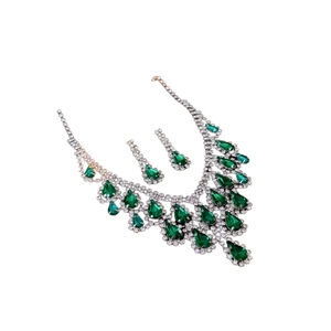 Elegant silver necklace and earring set with green teardrop stones and crystals