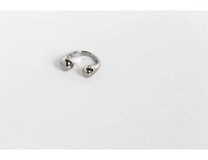 Detailed view of silver open adjustable ring with sleek spherical drop ends