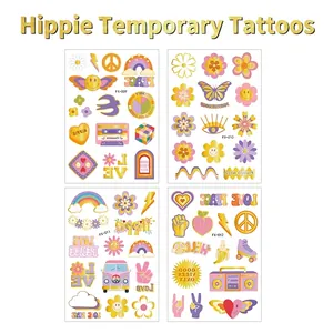Set aus 4 Hippie-Y2K-Temporär-Tattoos mit Goldfolien-Peace- und Love-Designs