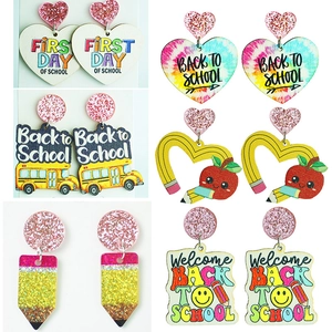 Back To School Dangle Earrings Wood Acrylic Glitter Pencil School Bus Apple Heart Jewelry For Teachers Students