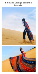 Detail of bohemian sun shawl with blue and orange geometric patterns in desert