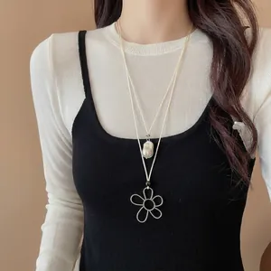 Double Layer Necklace With Artificial Baroque Pearl And Hollow Metal Flower Pendant Long White Rope Cord Minimalist Sweater Chain
