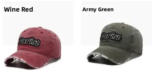 Close-up of distressed brim details on washed burgundy and olive green Purist baseball caps