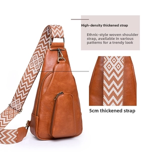 Detail of vintage PU leather crossbody bag with 5cm wide colorful ethnic patterned strap
