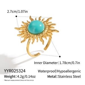 Detail view of gold sunburst turquoise ring with size and weight measurements on white background