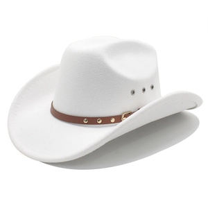 Detail of white felt cowboy hat featuring brown leather band with gold rivets and air holes