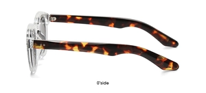 Side view of retro round sunglasses with tortoiseshell temples and clear grey frame
