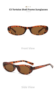 Front and side views of oval tortoise shell sunglasses with stylish brown lenses