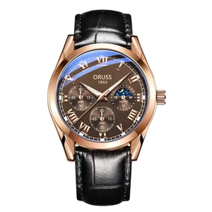Luminous quartz watch for men featuring a rose gold alloy case and black leather strap