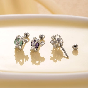 Titanium steel planet earrings set with green and purple cubic zirconia and screw back