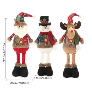 Detailed size chart showing 55cm height for plush Santa, Snowman and Reindeer figurines
