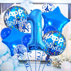 Detailed set of blue number 1 foil balloons with stars and Happy Birthday prints