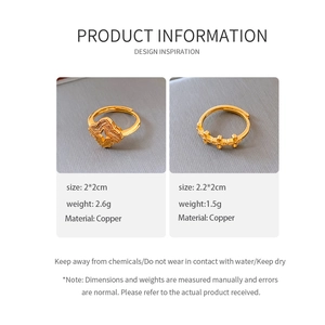 Detailed size and material specs for gold-plated flower and cross star open rings