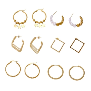6-pair set of minimalist gold hoop earrings featuring pearls, stars, and twisted patterns