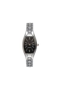 Close-up of tonneau silver steel watch with black dial and sparkling rhinestone markers