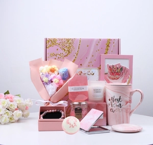 Pink Spa Gift Basket Set including marble mug, scented candle, and luxury bath accessories