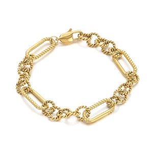 Gold stainless steel geometric chain bracelet featuring twisted links and lobster clasp