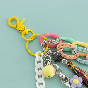 Colorful acrylic tassel keychain with rhinestone link chain and floral charms for women