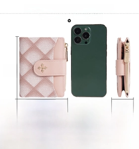 Detailed size specifications for pink quilted women's wallet with phone scale comparison
